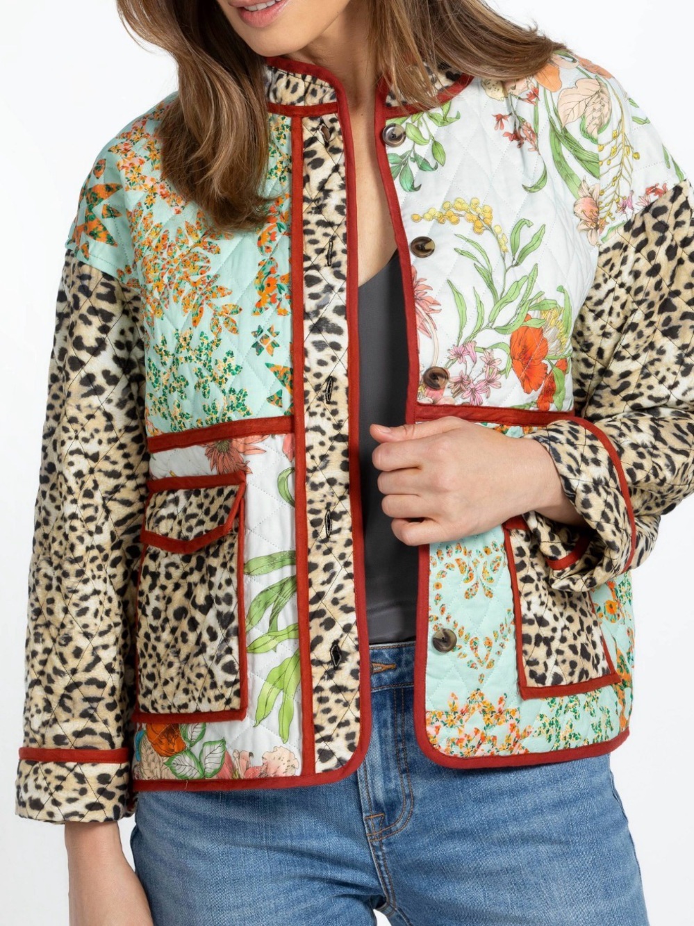 Johnny Was Quilted Patchwork Puffer Jacket in Aqua, Cream & Brown Leopard - Picture 4 of 4